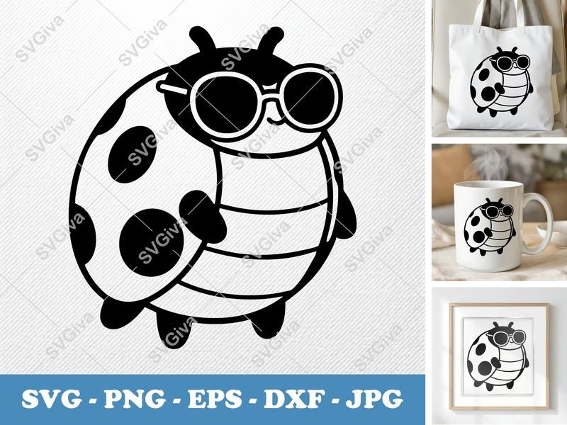 Ladybug SVG with Sunglasses, Cool Bug PNG EPS DXF for Cricut, Silhouette, Modern Insect Clipart, Outline Vector