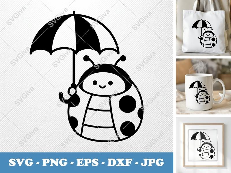Ladybug SVG with Umbrella, Cute Bug Clip Art, Modern Design | PNG EPS DXF for Cricut, Silhouette, Cutting Machines