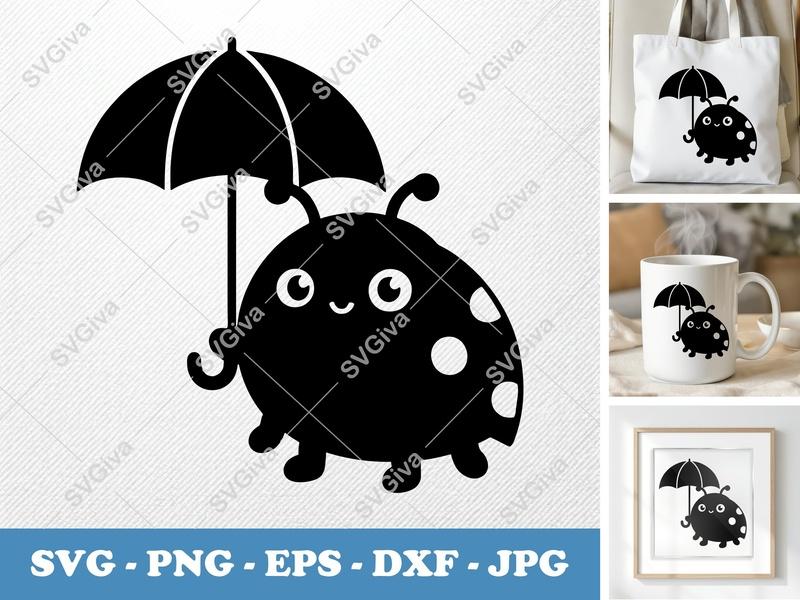 Ladybug SVG with Umbrella | Cute Ladybug Clipart, Modern Bug Design | PNG EPS DXF for Cricut, Silhouette