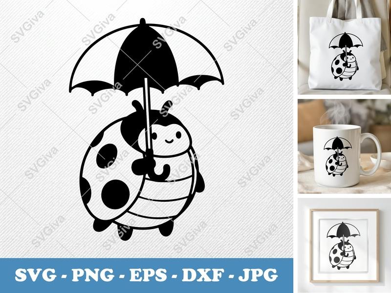 Ladybug SVG with Umbrella | Cute Ladybug Clipart, Outline Vector | PNG EPS DXF for Cricut, Silhouette, Cutting Machine