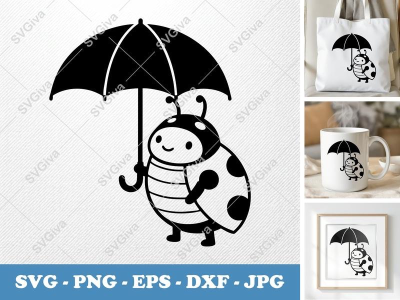 Ladybug SVG with Umbrella | Cute Ladybug Cut File, Cartoon Insect PNG EPS DXF for Cricut, Silhouette