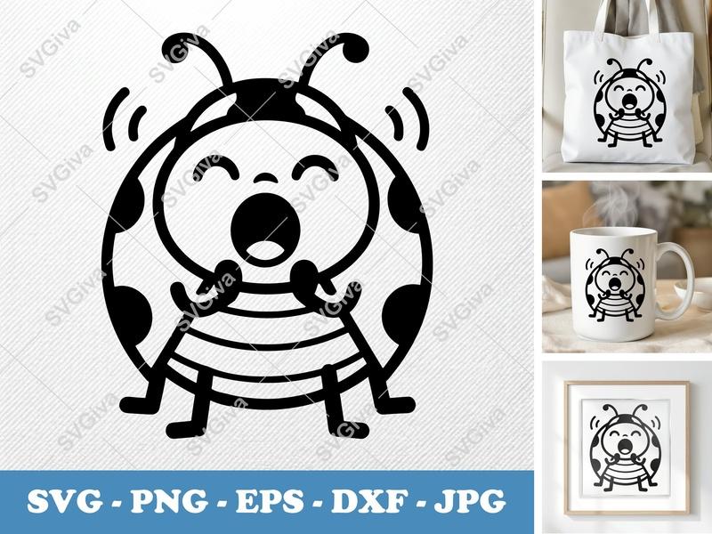 Ladybug SVG, Yawning Happy Cute Insect, PNG EPS DXF, Cricut Silhouette Cut File, Modern Bug Clipart Vector