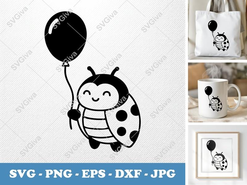 Ladybug with Balloon SVG | Puffy Cartoon Design | PNG DXF EPS | Cricut Silhouette File