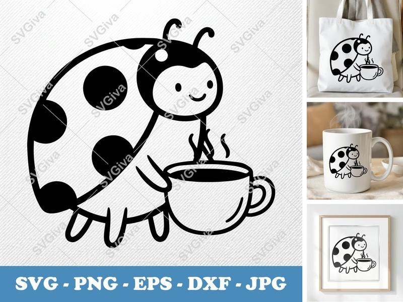 Ladybug with Coffee Cup SVG PNG DXF EPS | Cricut Silhouette Cut File | Coffee Lover Bug Decal