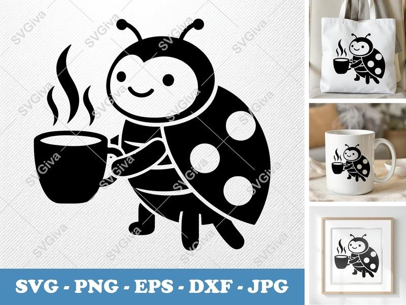 Ladybug with Coffee Cup SVG PNG DXF EPS | Cute Insect Cut File for Cricut Silhouette
