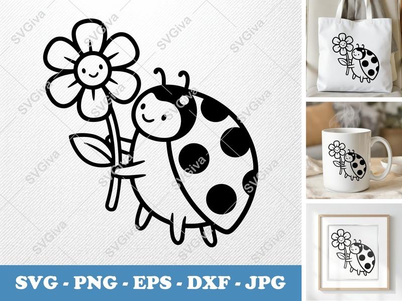 Ladybug with Flower SVG, PNG, DXF, EPS | Cute Lady Bug Cut File for Cricut Silhouette