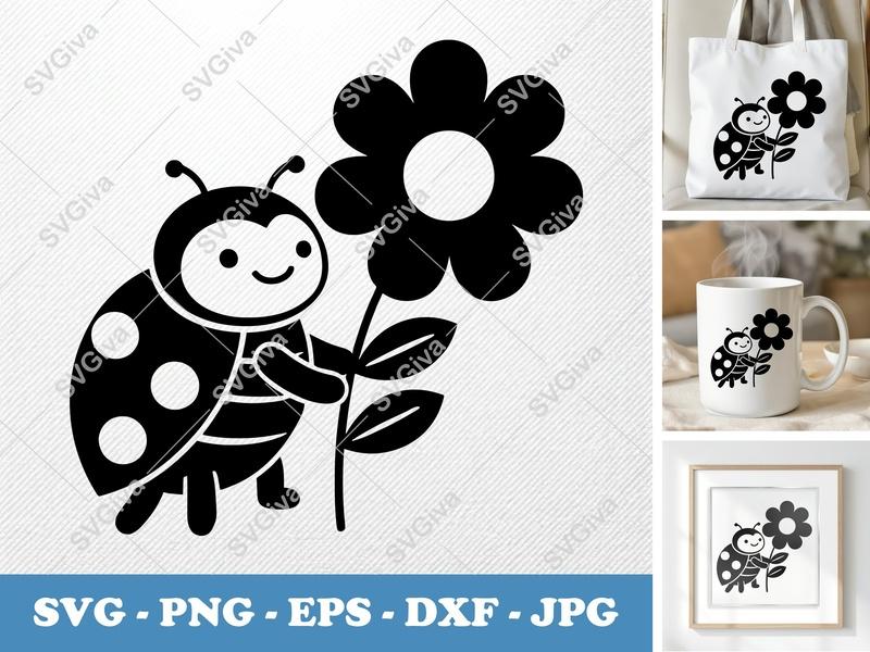 Ladybug with Flower SVG, PNG, DXF, EPS File for Cricut and Silhouette | Nature Insect Cut File