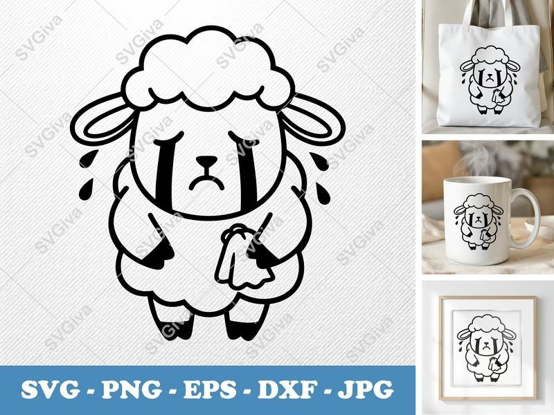Lamb Crying SVG | Sad Sheep Tears PNG, EPS, DXF Cut File for Cricut & Silhouette | Cute Lamb Vector Clipart