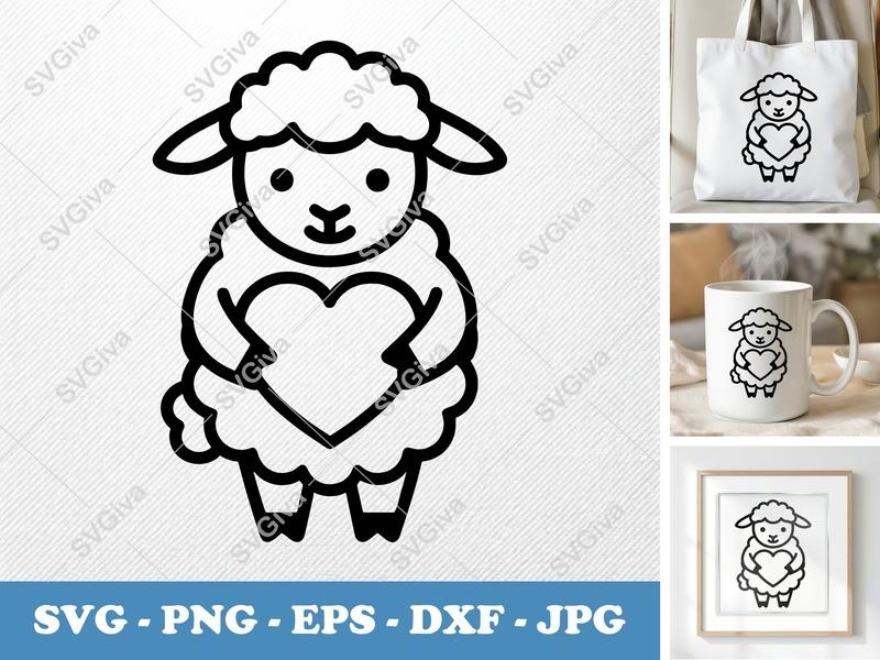 Lamb holding a heart SVG | Minimalist Vector Cut File | PNG DXF EPS | Cricut Silhouette | Bold Contour