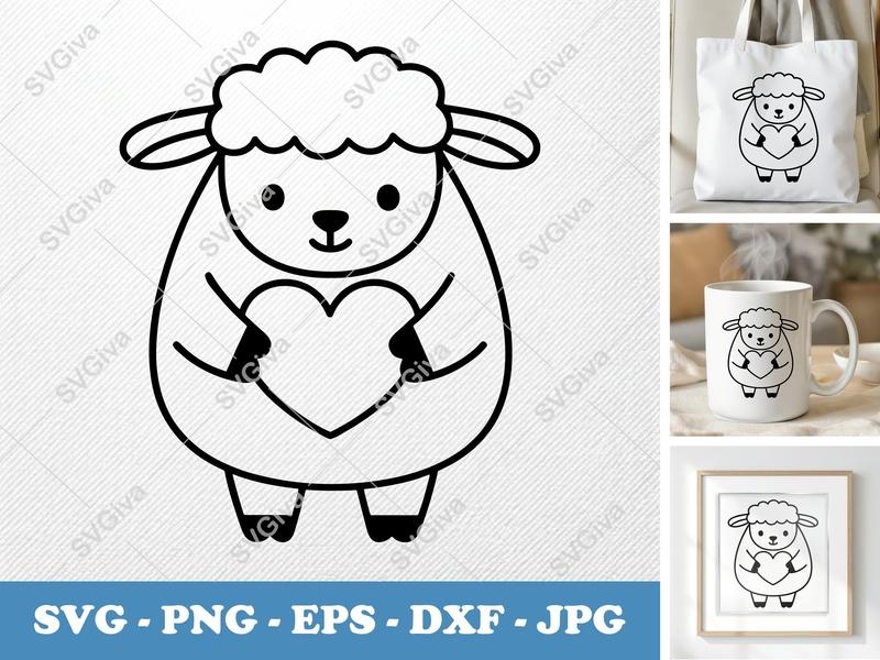 Lamb Holding Heart SVG | Friendly Bean-Shaped Design | PNG DXF EPS | Cricut Silhouette File