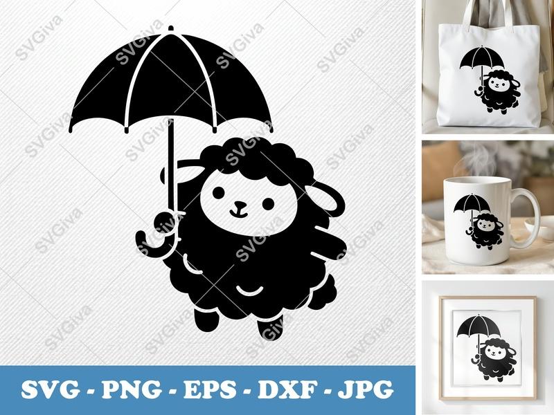 Lamb Holding Umbrella SVG | Puffy Cartoon Lamb Cut File | Pillow-Soft Shapes | PNG, DXF, EPS for Cricut & Silhouette