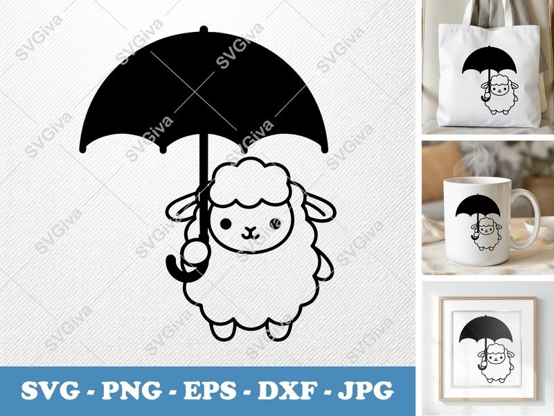 Lamb holding umbrella SVG | Puffy Cartoon Style Cut File | PNG DXF EPS | Cricut Silhouette Vector