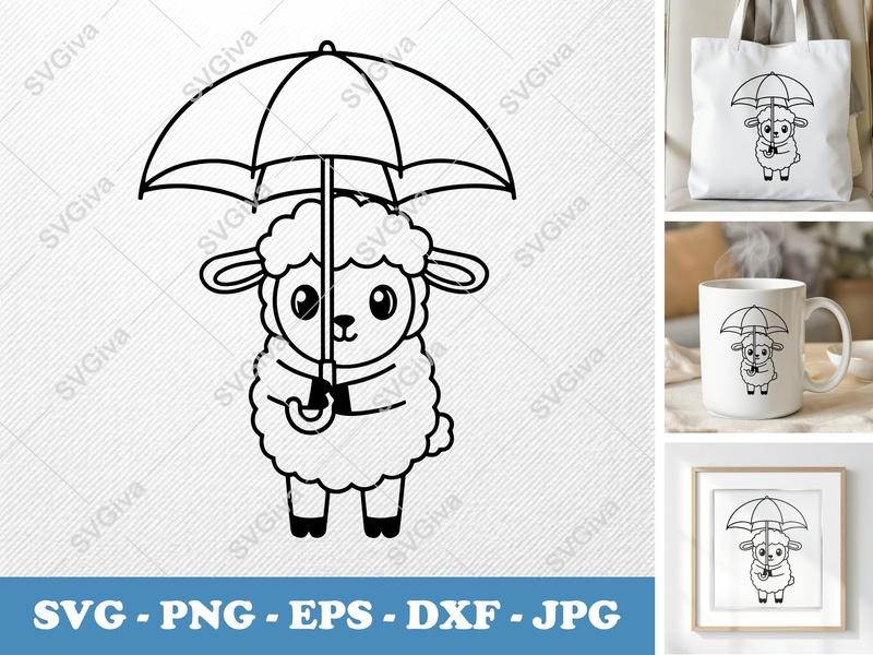 Lamb holding umbrella SVG Rounded Friendly, Bean-shaped Forms, PNG DXF EPS, Cricut Silhouette Cut File