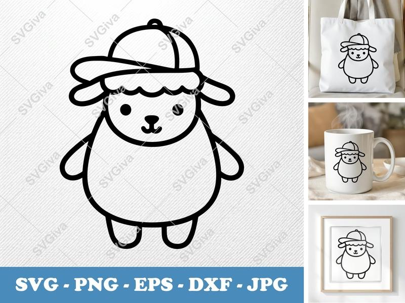 Lamb in a Cap SVG | Friendly Rounded Body Bean-Shaped Cut File | PNG DXF EPS | Cricut Silhouette