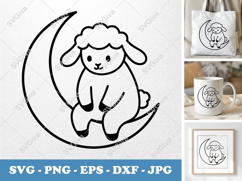 Lamb on Moon SVG | Cute Baby Animal Cut File | Nursery Decor PNG EPS DXF for Cricut & Silhouette