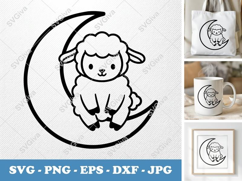 Lamb on Moon SVG | Cute Baby Sheep PNG DXF EPS | Cricut Silhouette File | Nursery Decor Animal Clipart | Outline Design