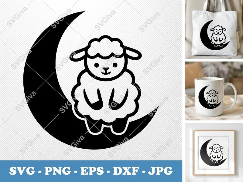 Lamb on Moon SVG | Cute Nursery Animal Cut File | PNG EPS DXF for Cricut, Silhouette | Baby Shower Decor