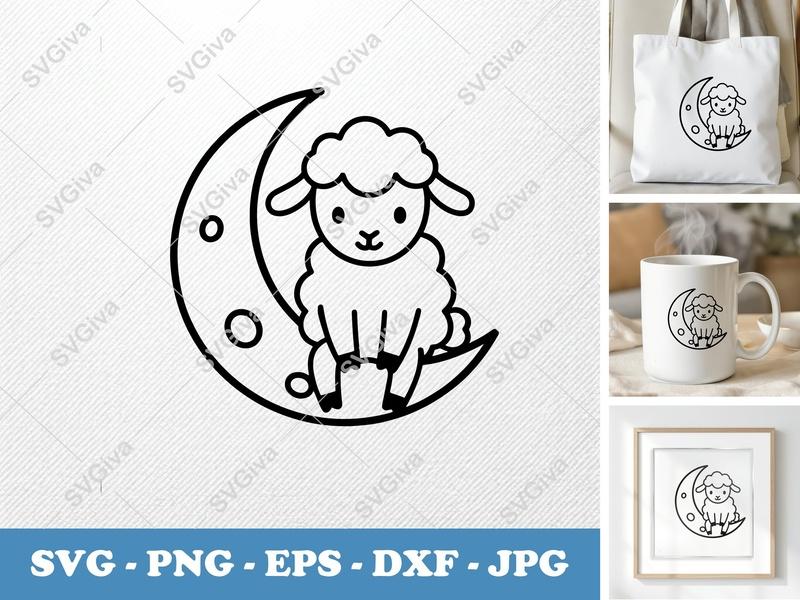 Lamb on Moon SVG | Cute Sheep Cut File, Nursery Decor, Baby Animal Clipart | PNG EPS DXF for Cricut, Silhouette