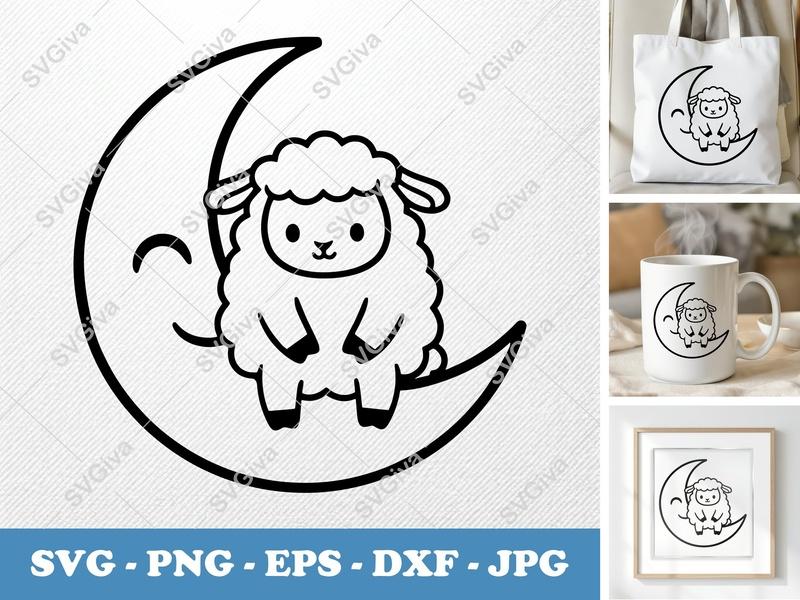 Lamb on Moon SVG | Puffy Cartoon Nursery Cut File | Cricut Silhouette | PNG DXF EPS