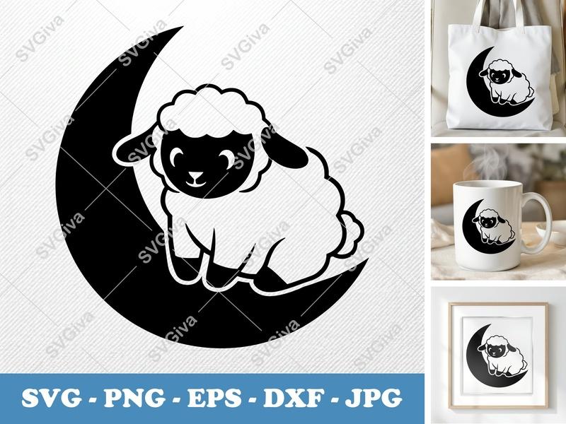 Lamb on Moon SVG | Puffy Pillow Soft Shapes | PNG DXF EPS | Cricut Silhouette File