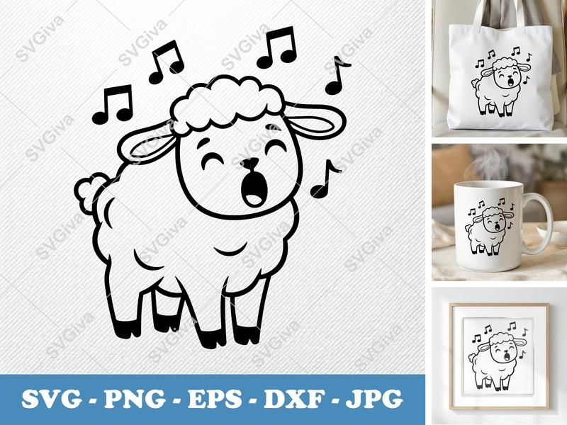 Lamb Singing SVG | Cute Cartoon Sheep with Music Notes PNG EPS DXF | Cricut Silhouette Cut File | Modern Farm Animal Outline