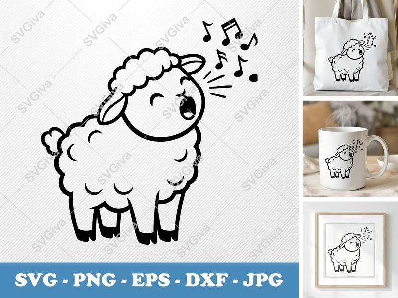 Lamb Singing SVG | Cute Sheep Music PNG EPS DXF | Cricut Silhouette File | Farm Animal Clipart