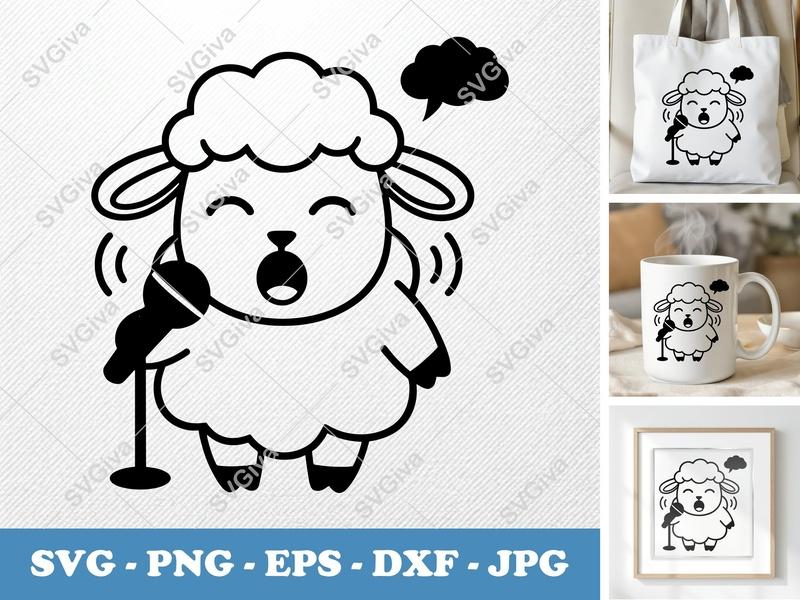 Lamb Singing SVG, Karaoke Cute Sheep PNG EPS DXF for Cricut | Modern Animal Cut File, Funny Farm Art Silhouette