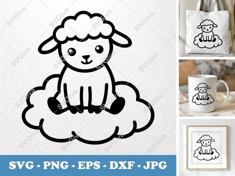 Lamb sitting on a cloud SVG PNG DXF EPS | Cricut Silhouette Cut File