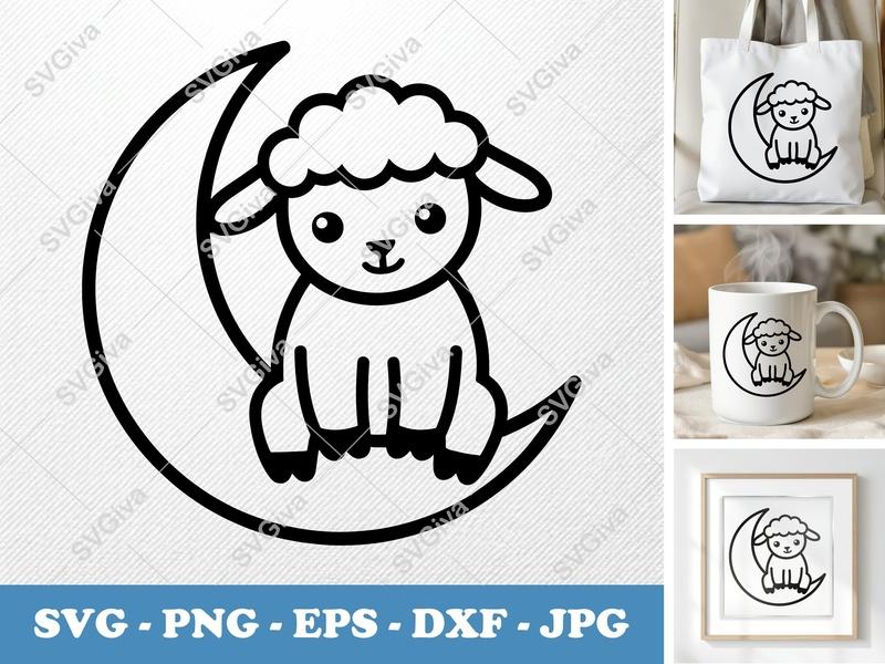 Lamb sitting on a moon SVG PNG DXF EPS | Baby Animal Cut File Cricut Silhouette