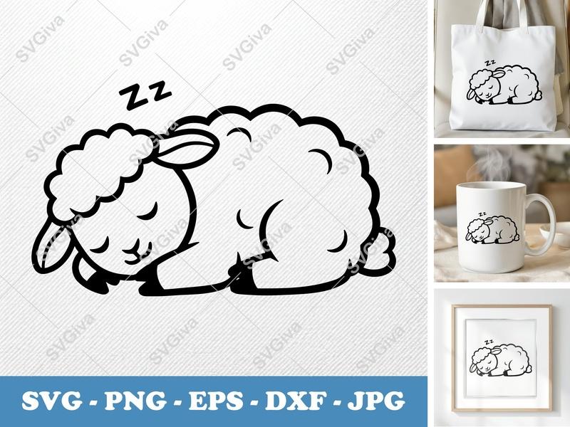 Lamb Sleeping SVG | Baby Sheep Zzz Cut File | Modern Nursery Art | PNG EPS DXF for Cricut Silhouette