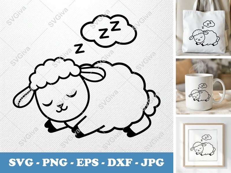 Lamb Sleeping SVG, Cute Lamb PNG EPS DXF, Baby Sheep Clipart for Cricut, Silhouette, Nursery Decor, Farm Animal Cut File
