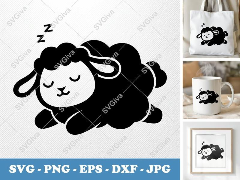 Lamb Sleeping SVG | Puffy Cartoon Style Cut File | PNG DXF EPS for Cricut Silhouette