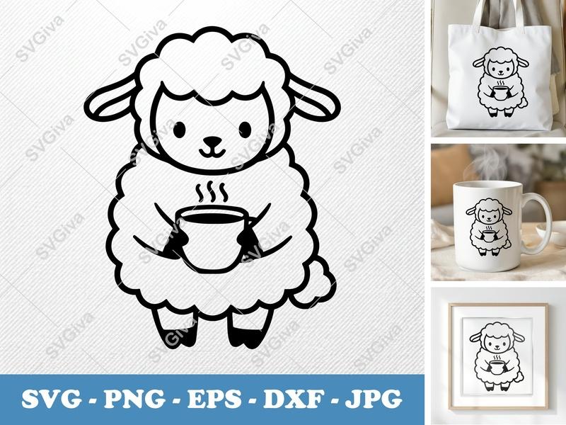 Lamb SVG, Coffee Lamb Cut File, Cute Animal PNG EPS DXF, Cricut Silhouette Design, Farm Baby Clipart, Mugs Shirt Decor