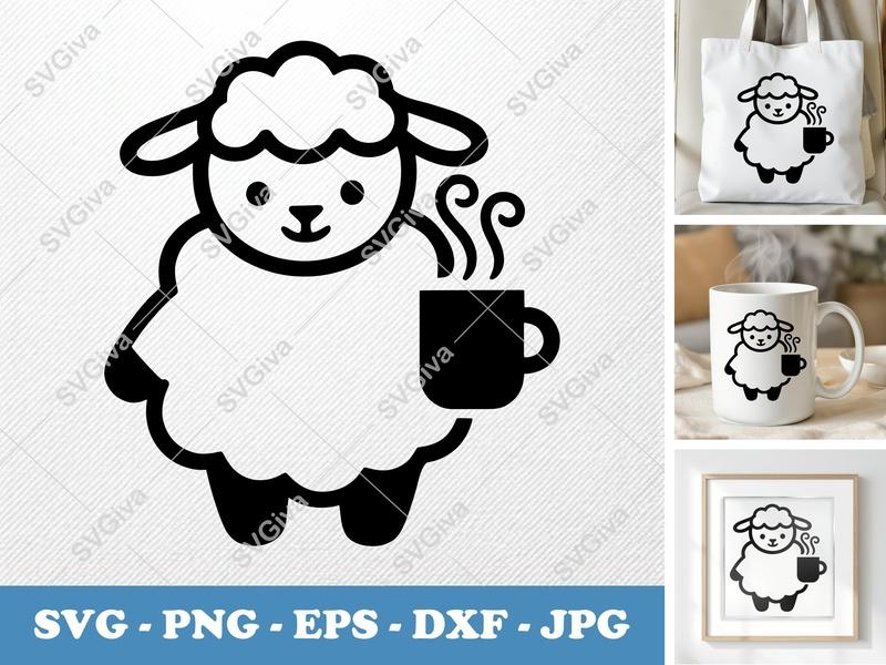 Lamb SVG, Coffee Mug Cut File, Cute Animal PNG, EPS, DXF for Cricut & Silhouette, Modern Farmhouse Clip Art