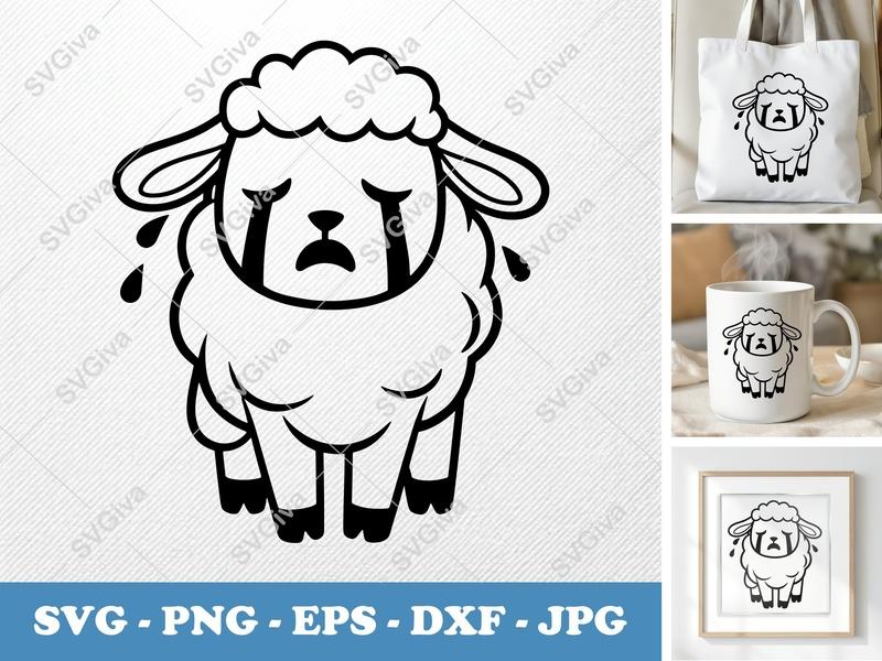 Lamb SVG Crying Cute Design, Sheep Vector Art, PNG EPS DXF for Cricut Silhouette, Sad Lamb Cut File, Animal Clipart