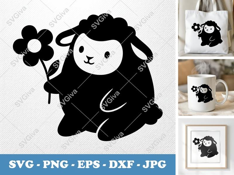 Lamb SVG Cut File | Cute Black Sheep with Flower | PNG EPS DXF for Cricut Silhouette | Farm Animal Clipart