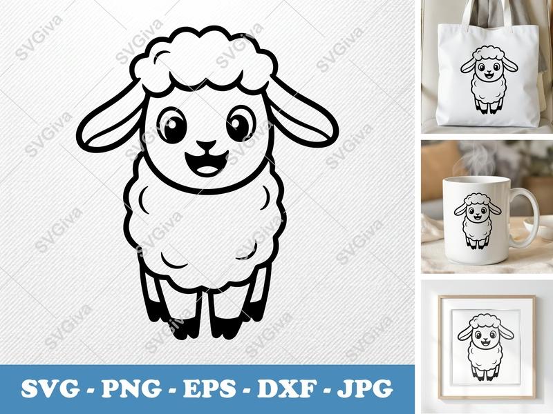 Lamb SVG Cut File | Cute Cartoon Sheep Design | PNG EPS DXF for Cricut, Silhouette | Farm Animal Clipart