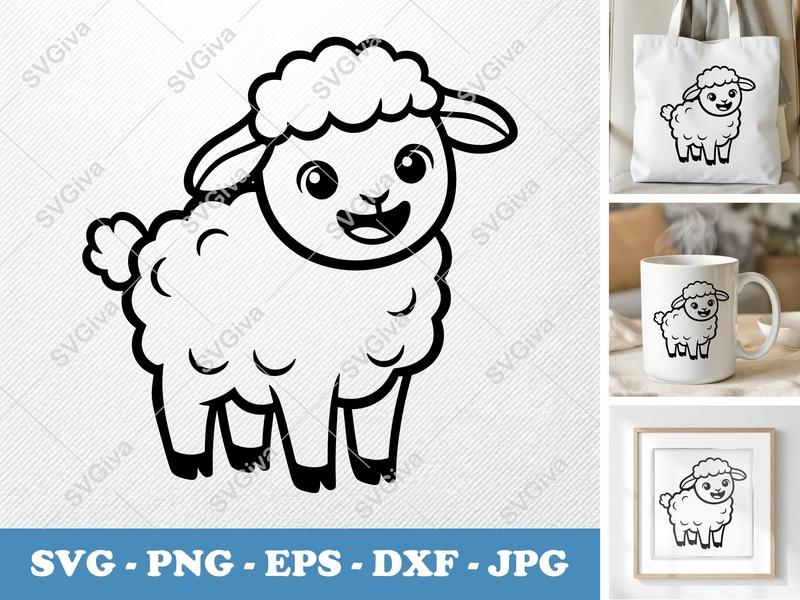 Lamb SVG Cut File | Cute Happy Modern Sheep Clipart | Cricut Silhouette Ready | PNG EPS DXF Vector Art for Crafts