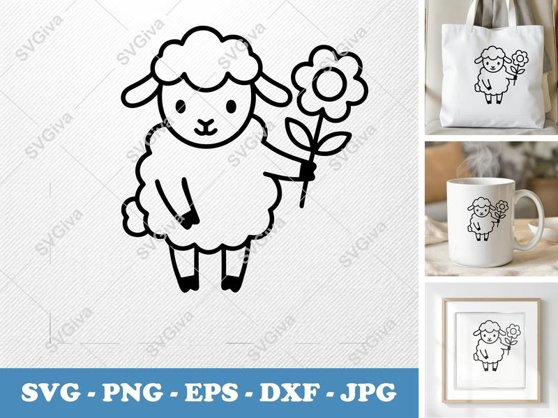 Lamb SVG Cut File | Cute Lamb with Flower PNG EPS DXF | Modern Outline Baby Animal Design for Cricut, Silhouette