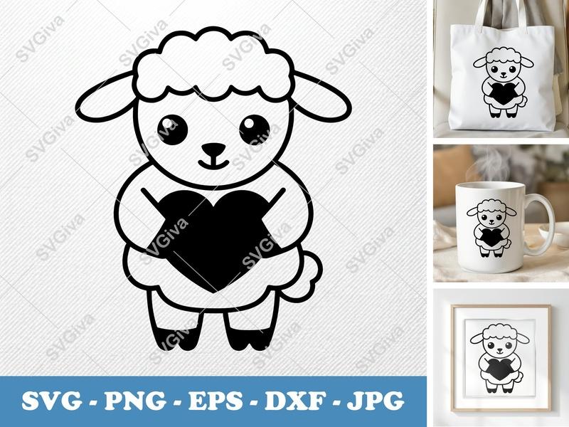 Lamb SVG Cut File, Cute Lamb with Heart, Modern Animal Clipart, Digital Download for Cricut Silhouette | PNG EPS DXF