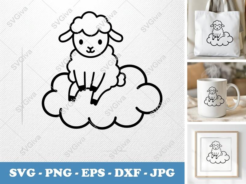 Lamb SVG Cut File | Cute Sheep on Cloud Design | Modern Farm Animal PNG EPS DXF for Cricut, Silhouette