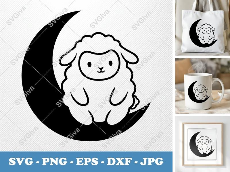 Lamb SVG Cut File | Cute Sheep on Moon | Nursery Decor, Baby Shower | Cricut, Silhouette | PNG EPS DXF Vector