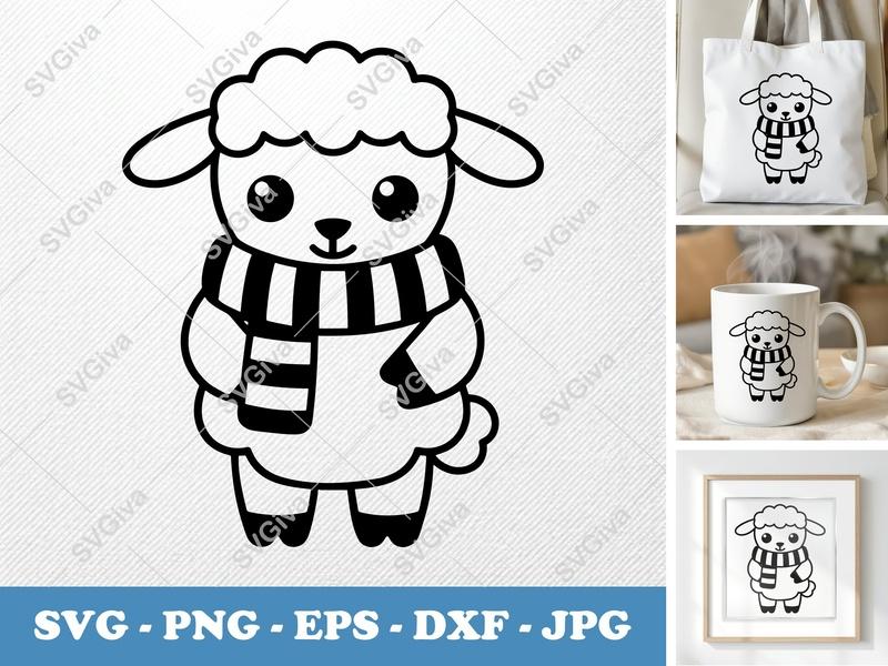 Lamb SVG | Cute Baby Lamb with Scarf Cut File | Animal Clipart PNG EPS DXF for Cricut, Silhouette | Farm Animal