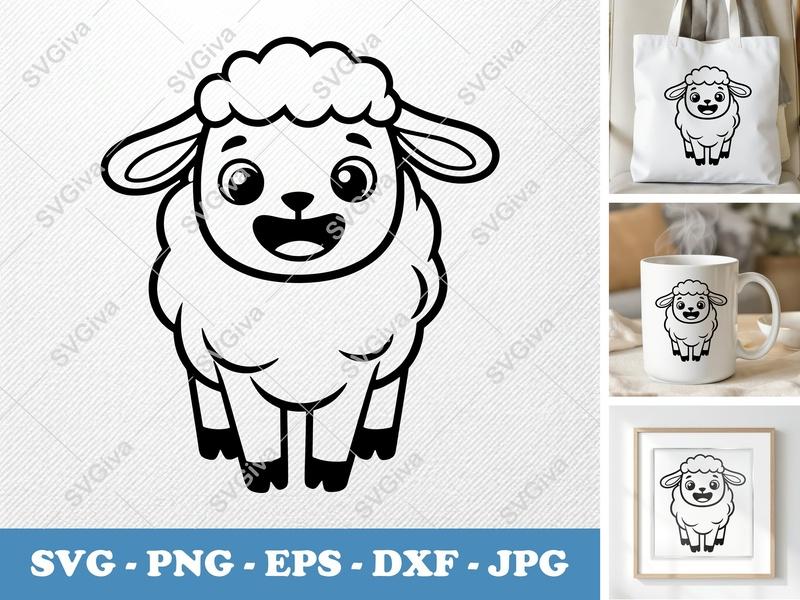 Lamb SVG, Cute Cartoon Sheep Cut File for Cricut | Happy Lamb PNG EPS DXF | Farm Animal Vector Silhouette