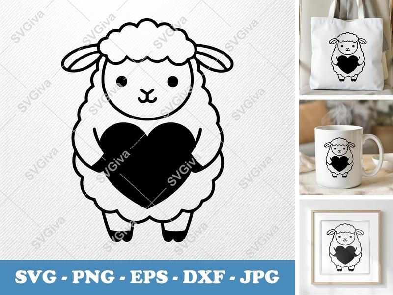 Lamb SVG, Cute Heart Lamb Cut File, Modern Farm Animal Clipart | PNG EPS DXF for Cricut & Silhouette