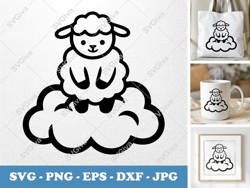 Lamb SVG, Cute Lamb on Cloud Cut File | Nursery Decor, Baby Shower, Farm Animal | PNG EPS DXF for Cricut, Silhouette