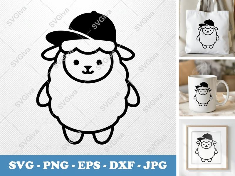 Lamb SVG, Cute Lamb with Baseball Cap, Modern Animal Design | PNG EPS DXF | Cricut Silhouette Cut File