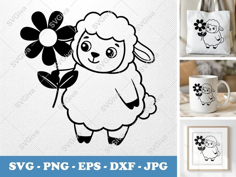 Lamb SVG, Cute Lamb with Flower, Modern Farm Animal Design, PNG EPS DXF for Cricut & Silhouette, Baby Shower Decor
