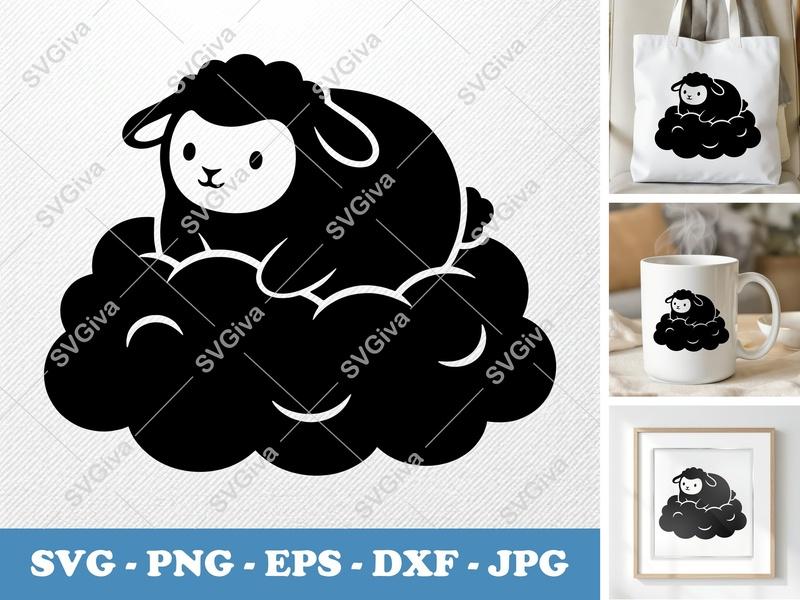 Lamb SVG, Cute Sheep on Cloud Design, Baby Animal Cut File, Nursery Decor | PNG EPS DXF for Cricut, Silhouette