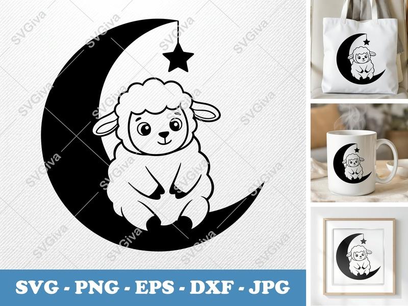 Lamb SVG | Cute Sheep on Moon with Star | Nursery Decor, Baby Shower | Cricut, Silhouette | PNG, EPS, DXF Cut File